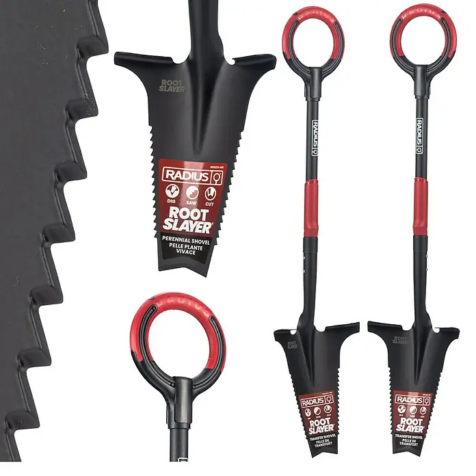 Root Slayer Rodespaten Pro - 113 cm - Das Bild zeigt eine Auswahl an Root Slayer Gartenspaten mit innovativen Griffen und Klingen für Gartenarbeiten.