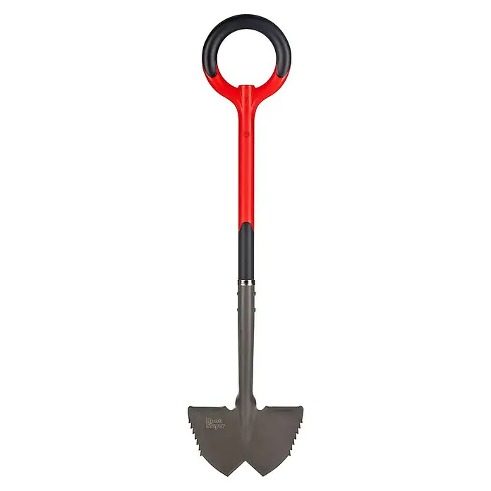 Root Slayer Rasenkantenstecher - Stahl - Das Bild zeigt einen Root Slayer Schaufel mit einem schwarzen, ergonomischen Griff und einem roten Schaft. Die Schaufel ist robust und für Gartenarbeiten geeignet.