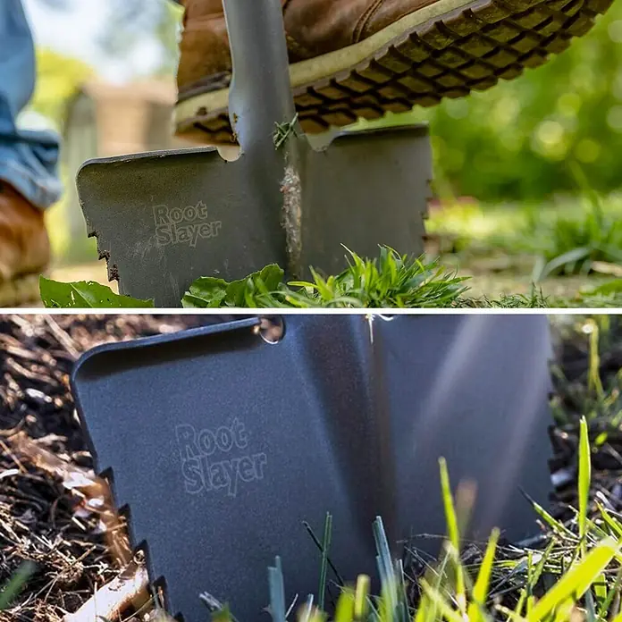Root Slayer Rasenkantenstecher - Stahl - Detailaufnahme eines Root Slayer Spatens im Einsatz, der durch Gras und Erde sticht.