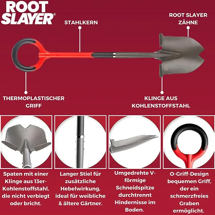 Root Slayer Schaufel - Breite: 25 cm, Schwarz/Rot - Darstellung eines Root Slayer Spatens mit Erklärungen zu seinen Hauptmerkmalen wie Griff, Klinge und Zähne.