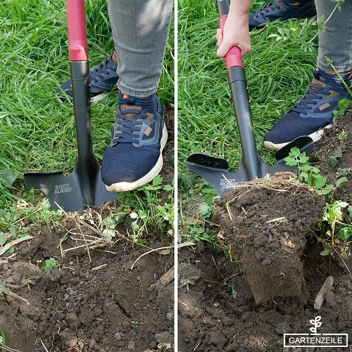 Root Slayer Rodespaten Pro - 113 cm - Die Root Slayer Schaufel wird im Garten verwendet, um ein Loch in die Erde zu graben.