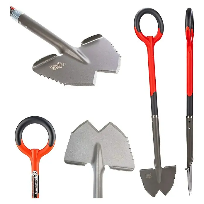 Root Slayer Rasenkantenstecher - Stahl - Abbildung eines Root Slayer Grabspaten mit gezackter Klinge zum einfachen Durchtrennen von Wurzeln bei der Gartenarbeit.