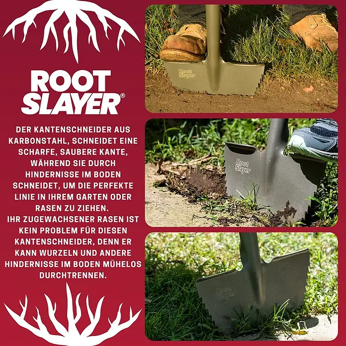 Root Slayer Rasenkantenstecher - Stahl - Bild einer Root Slayer Gartenschaufel mit gezackter Klinge, die den Rasen bearbeitet.