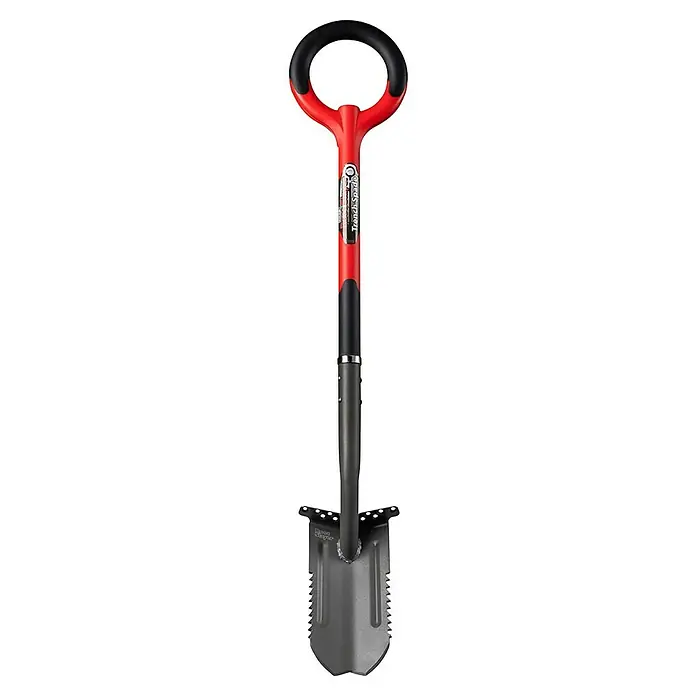 Root Slayer Gärtnerspaten - 107 cm - Das Bild zeigt einen Trench Spade® Spaten mit einem roten und schwarzen Griff und einem grauen Blatt. Ein robustes Werkzeug für Gartenarbeit.