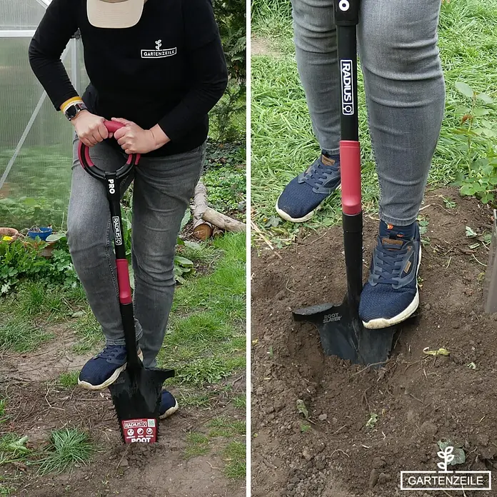 Root Slayer Rodespaten Pro - 113 cm - Person benutzt einen Radius Garden Pro Root Slayer Grabspaten mit D-Griff zum Umgraben von Erde.