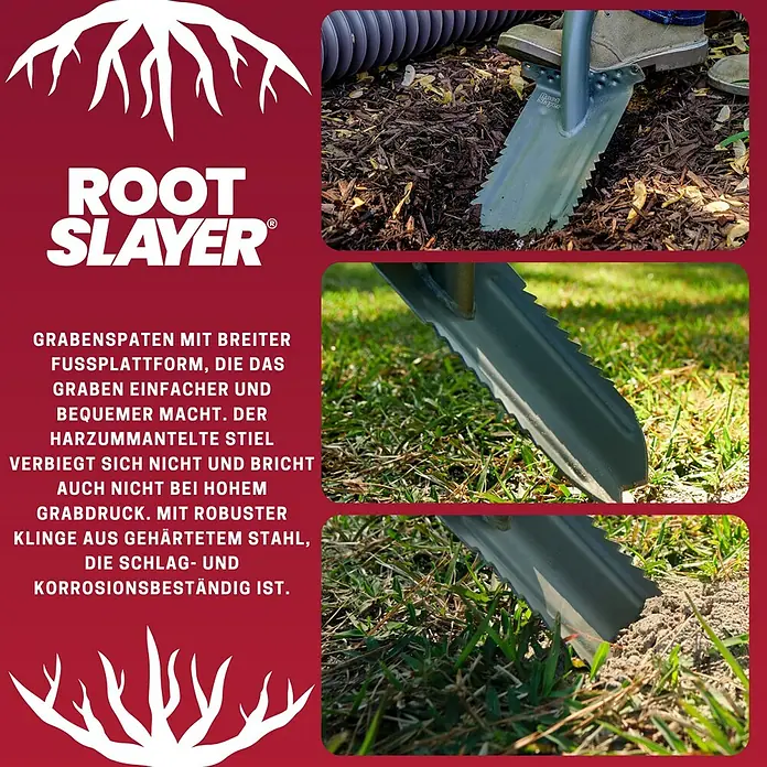 Root Slayer Gärtnerspaten - 107 cm - Der Root Slayer Grabenspaten mit breiter Fussplattform und robuster Klinge aus gehärtetem Stahl für einfaches und bequemes Graben.