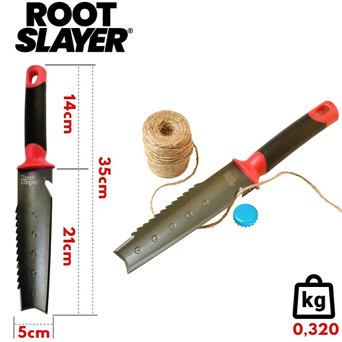 Root Slayer Jäter - L x B x H: 35 x 5 x 3 cm - Abbildung eines Root Slayer Gartengeräts mit Abmessungen und Gewicht, ideal zum Jäten und Entfernen von Wurzeln im Garten.