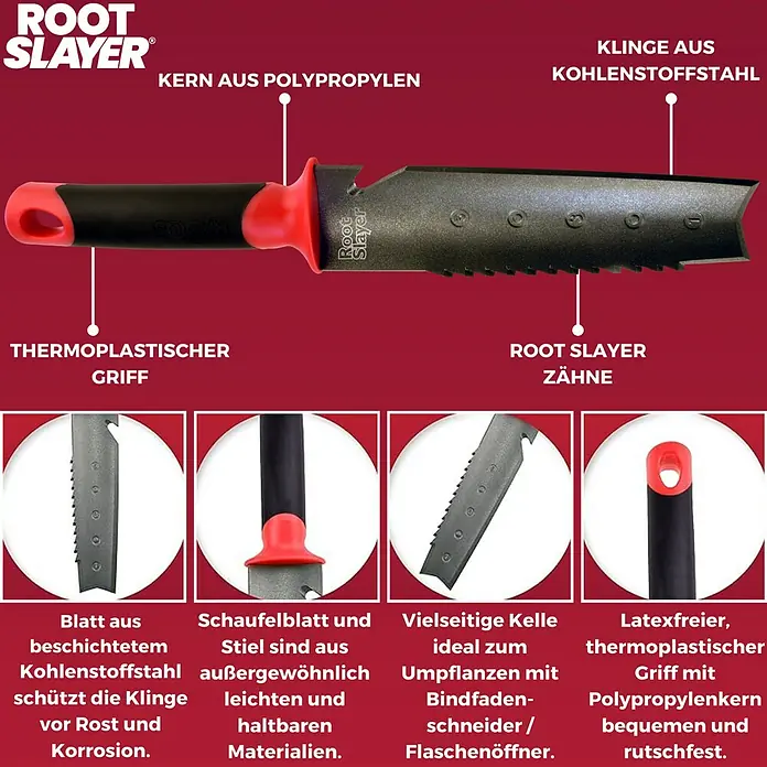 Root Slayer Jäter - L x B x H: 35 x 5 x 3 cm - Detailaufnahme eines Root Slayer Gartenwerkzeugs, das seine Klinge aus Kohlenstoffstahl und den thermoplastischen Griff hervorhebt.