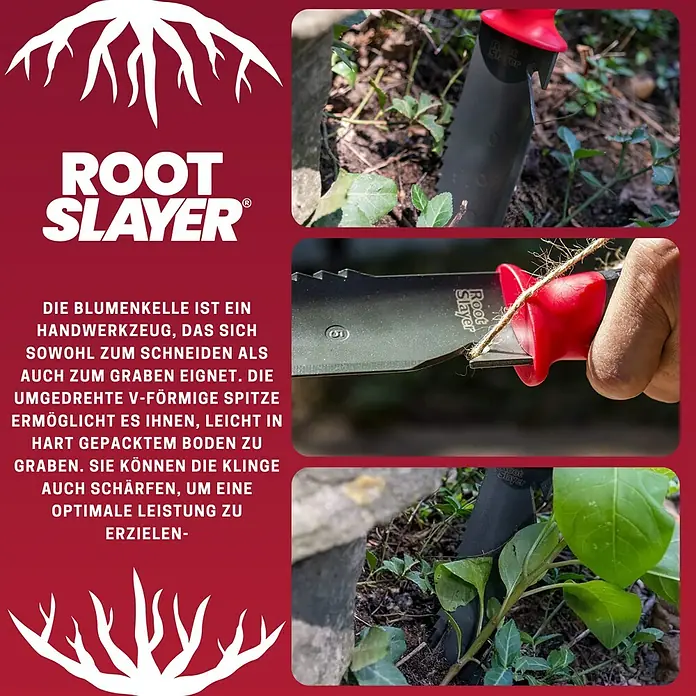 Root Slayer Jäter - L x B x H: 35 x 5 x 3 cm - Abbildung des Root Slayer Gartenwerkzeugs, das zum Schneiden und Graben geeignet ist, mit V-förmiger Spitze und schärfbarer Klinge.
