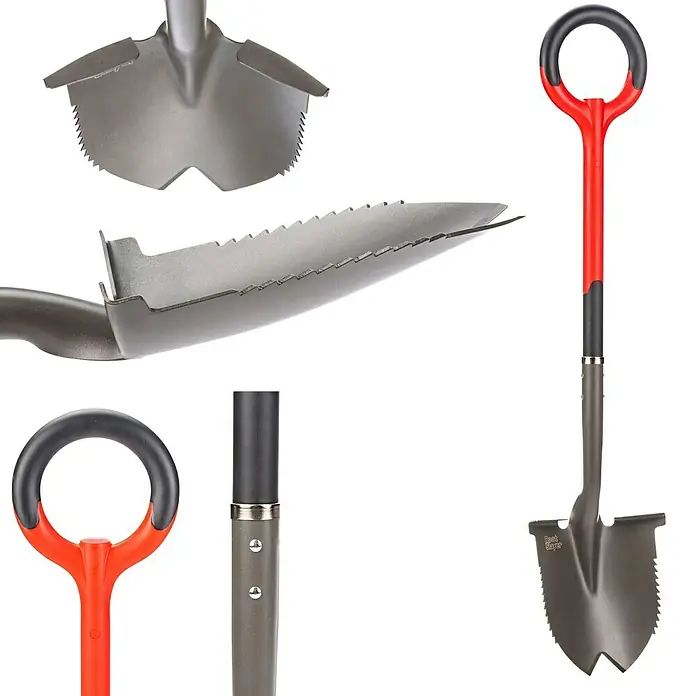 Root Slayer Schaufel - Breite: 25 cm, Schwarz/Rot - Das Bild zeigt einen vielseitigen Spaten mit einer robusten Klinge und einem ergonomischen Griff, ideal für Gartenarbeiten.