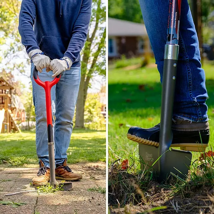 Root Slayer Rasenkantenstecher - Stahl - Zwei Bilder, die den Root Slayer Pflanzspaten bei der Arbeit zeigen. Der Spaten ist robust und für schwere Gartenarbeiten konzipiert.