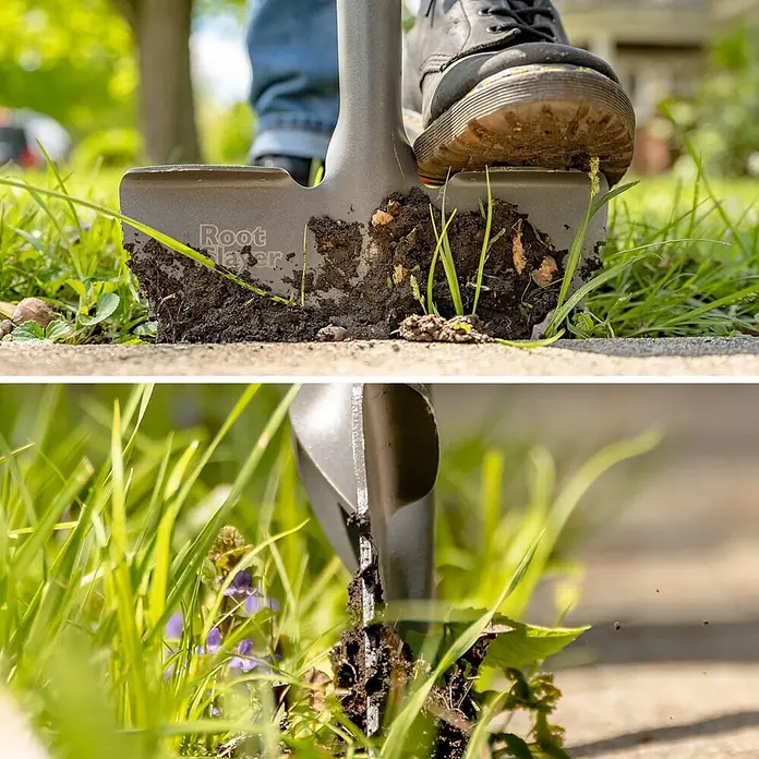 Root Slayer Rasenkantenstecher - Stahl - Nahaufnahme eines Root Slayer Grabungswerkzeugs, das zum Entfernen von Unkraut zwischen Gehwegplatten verwendet wird.