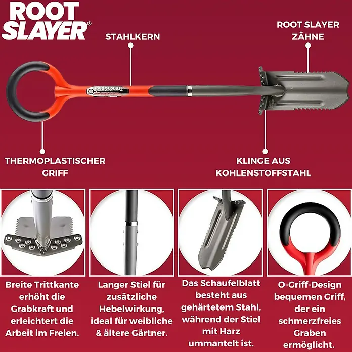 Root Slayer Gärtnerspaten - 107 cm - Produktbild des Root Slayer Grabspatens mit verschiedenen Details zu Griff, Klinge und Stahlkern für Gartenarbeiten.