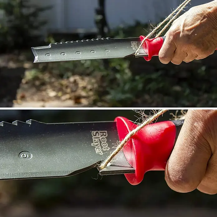 Root Slayer Jäter - L x B x H: 35 x 5 x 3 cm - Nahaufnahme eines Root Slayer Gartenwerkzeugs, das ein Seil durchschneidet, mit rotem Griff und gezackter Klinge.