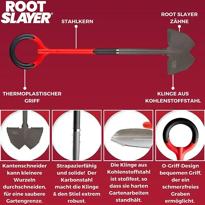 Root Slayer Rasenkantenstecher - Stahl - Root Slayer Spaten: Thermoplastischer Griff, Stahlkern, Kohlenstoffstahl-Klinge und Zähne für effizientes und schmerzfreies Graben.