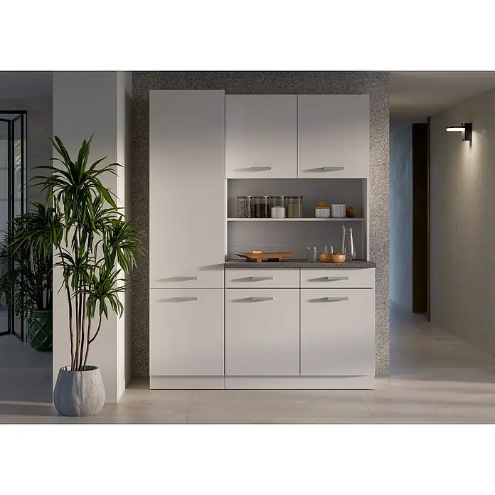 Stolarz-Lempert Buffetschrank Marina - Breite: 150 cm, Weiß - Helles, modernes Küchenbuffet mit viel Stauraum und einer Ablagefläche mit Dekorationselementen und Vorratsgläsern.