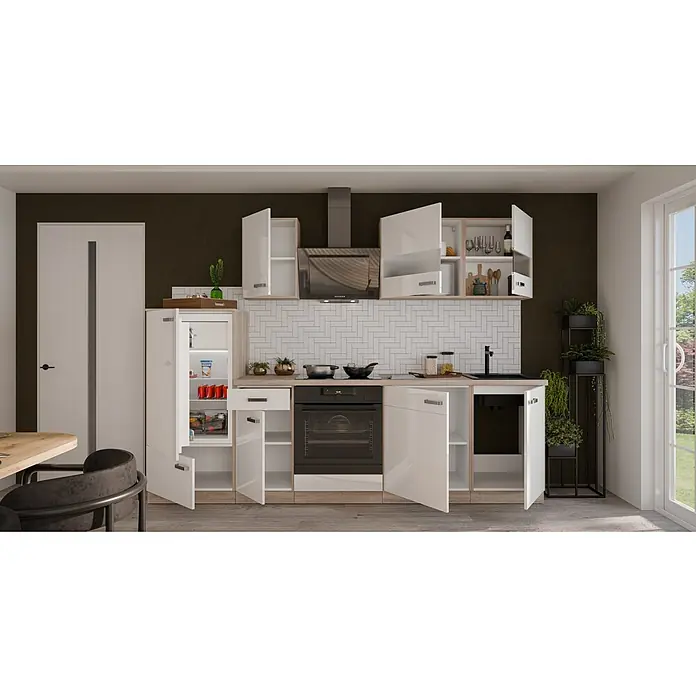 Stolarz-Lempert Küchenleerblock Bettina - Breite: 270 cm, Weiß, Ohne Elektrogeräte - Modernes Küchendesign mit weißen Hochglanzfronten, integrierten Geräten und stilvoller Pflanzen-Deko, die eine wohnliche Atmosphäre schafft.