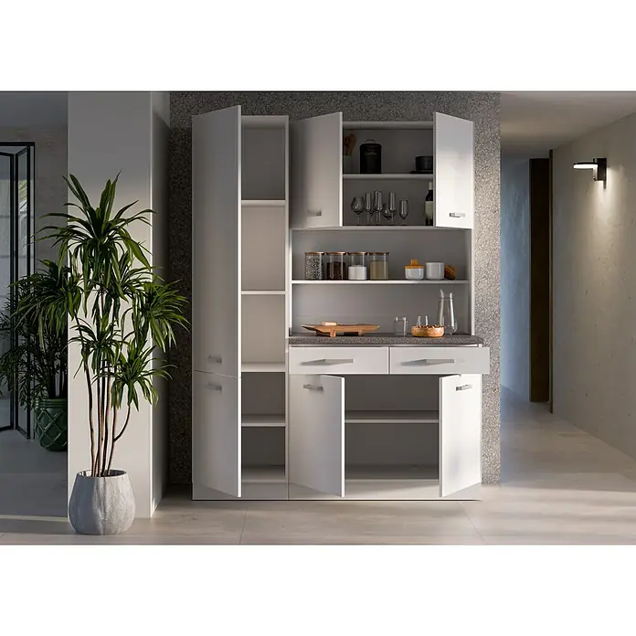 Stolarz-Lempert Buffetschrank Marina - Breite: 150 cm, Weiß - Ein geräumiger, weißer Vorratsschrank mit offenen und geschlossenen Fächern, ideal für die Küchenorganisation.