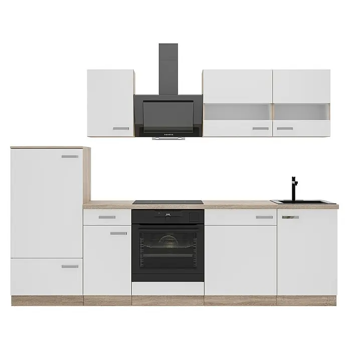 Stolarz-Lempert Küchenleerblock Bettina - Breite: 270 cm, Weiß, Ohne Elektrogeräte - Ein modernes Küchendesign mit weißen Schränken, einer Dunstabzugshaube und einem integrierten Ofen, das Funktionalität und Stil vereint.