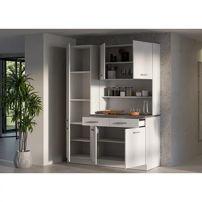 Stolarz-Lempert Buffetschrank Marina - Breite: 150 cm, Weiß - Ein geräumiger weißer Küchenschrank mit offenen Regalen, Schubladen und Schränken bietet viel Stauraum und Funktionalität in der Küche.