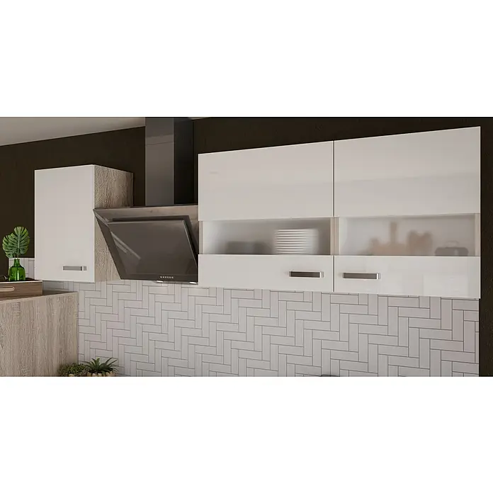 Stolarz-Lempert Küchenleerblock Bettina - Breite: 270 cm, Weiß, Ohne Elektrogeräte - Moderne Küche mit weißen Hochglanzschränken, Dunstabzugshaube und stilvollem Fliesenspiegel. Elegantes Design für ein zeitgemäßes Ambiente.