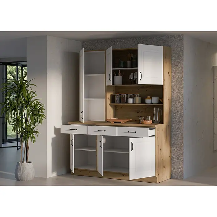 Stolarz-Lempert Buffetschrank Stina - Breite: 150 cm, Weiß - Aufnahme eines Buffetschrankes mit mehreren Regalen, Schubladen und Schränken in einem Raum.