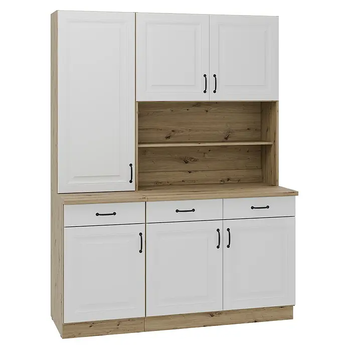 Stolarz-Lempert Buffetschrank Stina - Breite: 150 cm, Weiß - Ein Schrank mit weißen Fronten und Holzdekor für eine stilvolle und praktische Aufbewahrungslösung.
