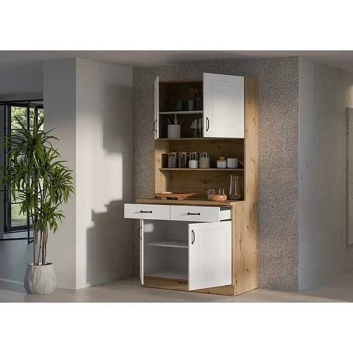 Stolarz-Lempert Buffetschrank Stina - Breite: 100 cm, Weiß - Eine Küchenanrichte in Holzoptik mit weißen Fronten und schwarzen Griffen. Die Anrichte bietet viel Stauraum mit Schubladen, Schrankfächern und offenen Regalen.