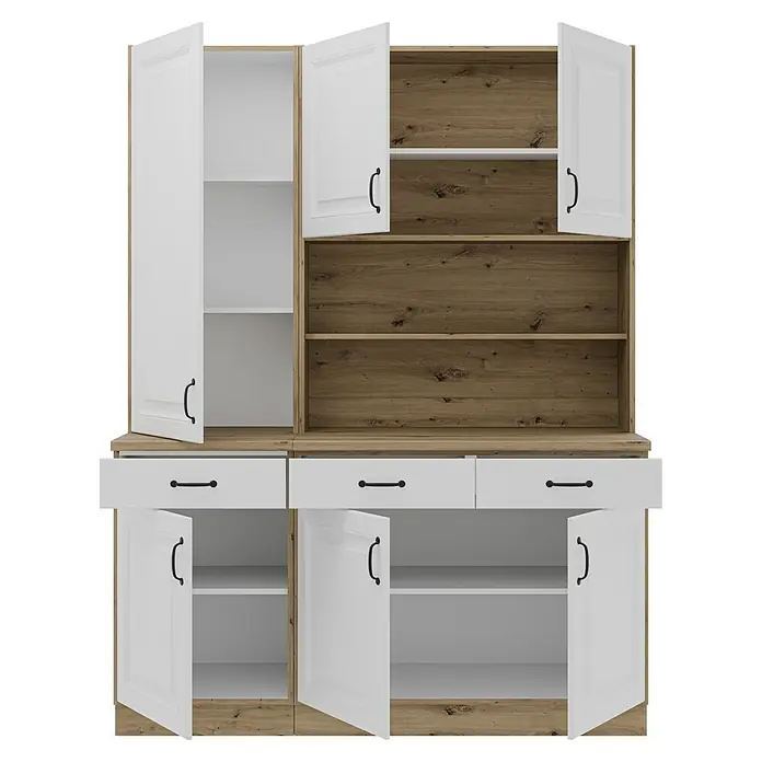Stolarz-Lempert Buffetschrank Stina - Breite: 150 cm, Weiß - Das Bild zeigt einen Buffetschrank in Weiß und Holzoptik mit offenen Türen und Schubladen, der viel Stauraum bietet.