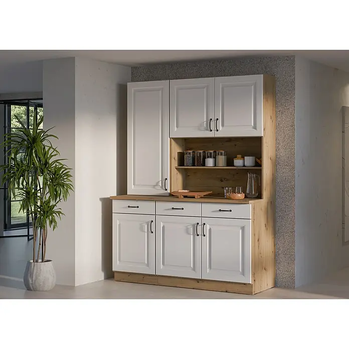 Stolarz-Lempert Buffetschrank Stina - Breite: 150 cm, Weiß - Dieses Bild zeigt einen Küchenschrank mit weißen Fronten und Holzelementen, der Stauraum und Ablagefläche bietet.