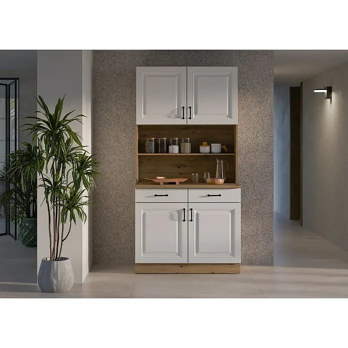 Stolarz-Lempert Buffetschrank Stina - Breite: 100 cm, Weiß - Detailansicht eines weißen Küchenbuffets mit Holzdetails, das stilvolle Aufbewahrung und eine natürliche Ästhetik vereint.