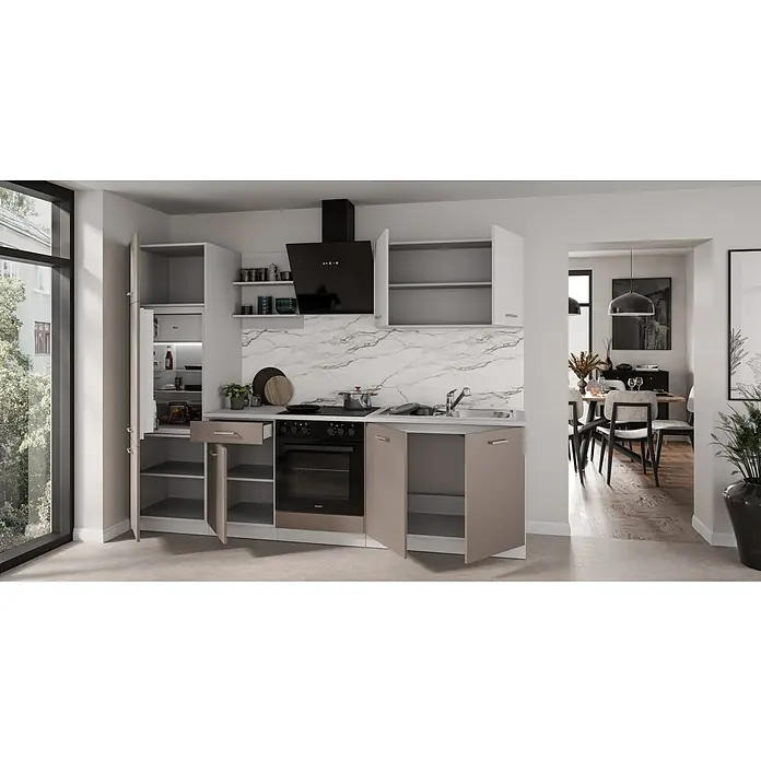 Stolarz-Lempert Küchenleerblock Prego - Breite: 270 cm, Trüffel matt/Weißmatt, Ohne Elektrogeräte - Moderne Küchenzeile mit integrierten Geräten, weißen und grauen Schrankfronten und Marmor-Rückwand für stilvolles Kocherlebnis.