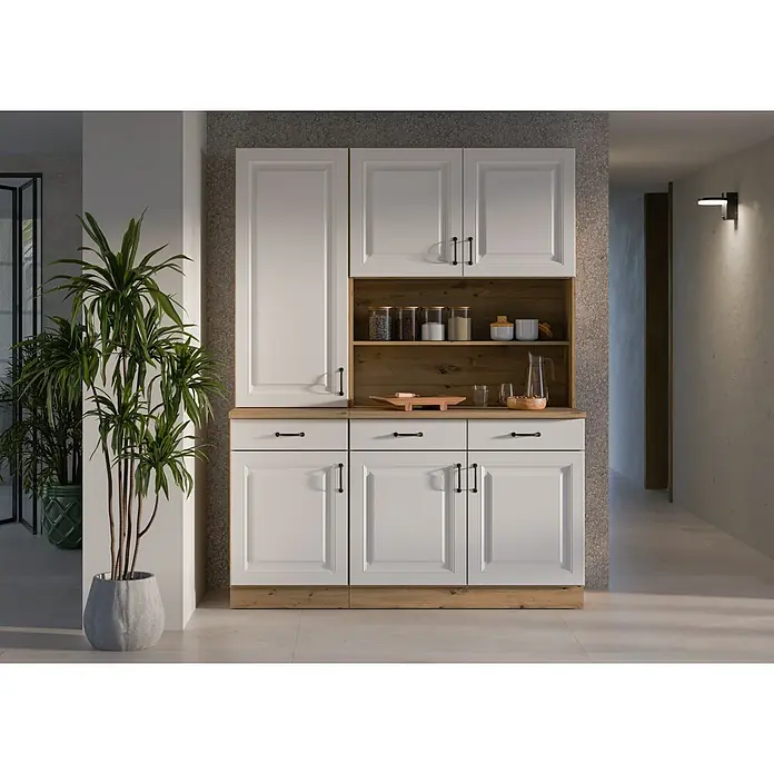 Stolarz-Lempert Buffetschrank Stina - Breite: 150 cm, Weiß - Elegantes Sideboard mit weißen Fronten und Holzakzenten bietet stilvollen Stauraum. Perfekt für Küche oder Esszimmer mit viel Platz für Geschirr.