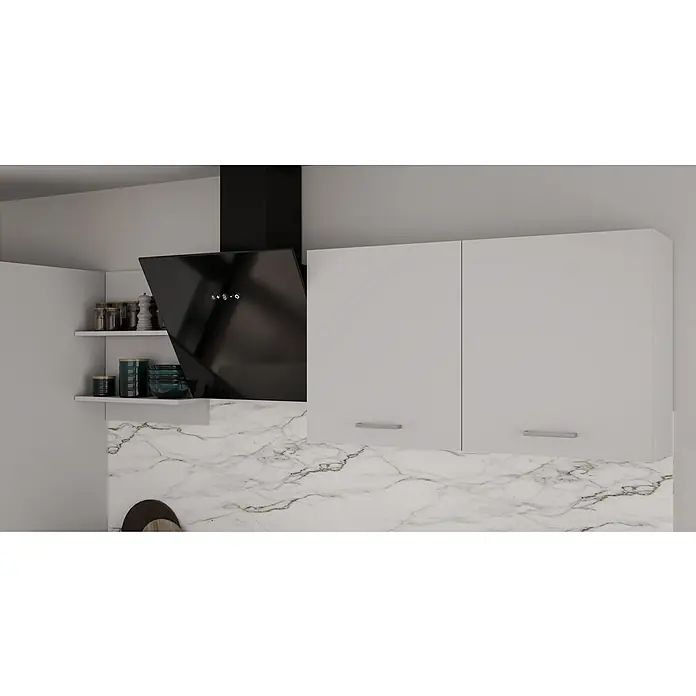 Stolarz-Lempert Küchenleerblock Prego - Breite: 270 cm, Trüffel matt/Weißmatt, Ohne Elektrogeräte - Moderne Küchenzeile mit weißen Hängeschränken und einer schwarzen Dunstabzugshaube, die ein elegantes Küchendesign hervorhebt.