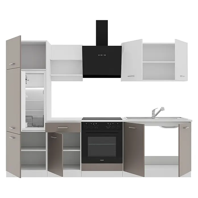 Stolarz-Lempert Küchenleerblock Prego - Breite: 270 cm, Trüffel matt/Weißmatt, Ohne Elektrogeräte - Küchenmöbel-Set mit Schränken, Kühlschrank, Spüle und Herd. Die moderne Küche bietet viel Stauraum und Funktionalität.