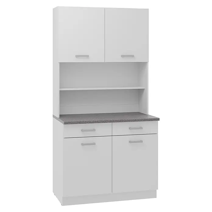 Stolarz-Lempert Buffetschrank Maria - Breite: 100 cm, Weiß - Ein weißer Küchenschrank mit einer grauen Arbeitsplatte und Griffen in Silber. Verfügt über offene Regale und geschlossene Fächer.
