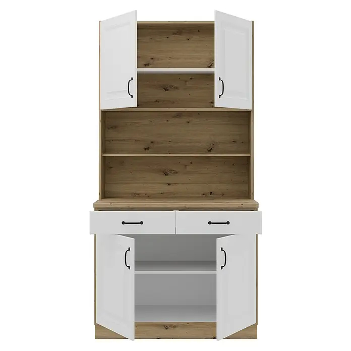 Stolarz-Lempert Buffetschrank Stina - Breite: 100 cm, Weiß - Aufnahme eines Buffetschrankes mit weißen Akzenten und hellbraunem Holz, die Schubladen und Schränke sind offen.