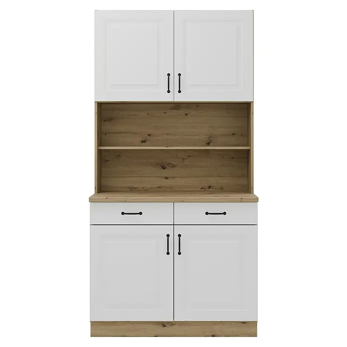 Stolarz-Lempert Buffetschrank Stina - Breite: 100 cm, Weiß - Das Bild zeigt einen weißen Küchenschrank mit Holzdetails und schwarzen Griffen. Der Schrank bietet viel Stauraum und ist ein echter Hingucker.