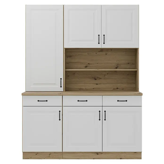 Stolarz-Lempert Buffetschrank Stina - Breite: 150 cm, Weiß - Eine stilvolle, weiße Kücheneinheit mit hölzernen Akzenten und schwarzen Griffen, die Eleganz und Funktionalität vereint.