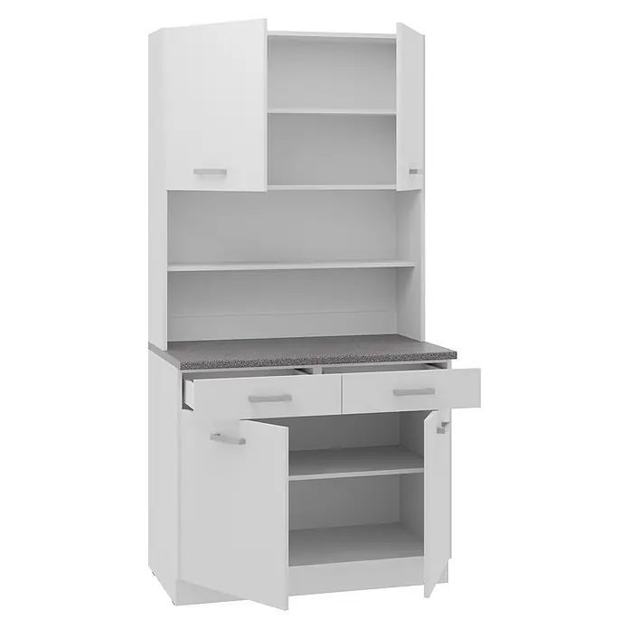 Stolarz-Lempert Buffetschrank Maria - Breite: 100 cm, Weiß - Ein moderner weißer Hochschrank mit offenen Regalen, Schubladen und Schrankfächern für vielseitige Aufbewahrungslösungen.