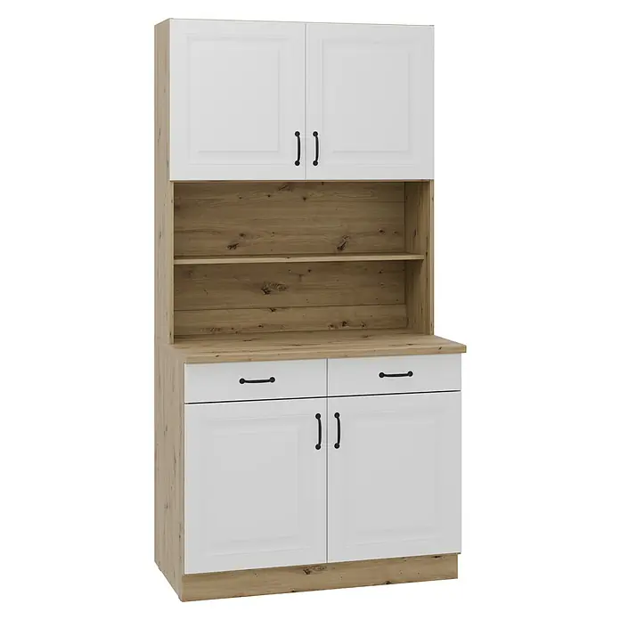 Stolarz-Lempert Buffetschrank Stina - Breite: 100 cm, Weiß - Ein Küchenschrank mit weißen Türen und Schubladen und einem Regal mit Holzstruktur.