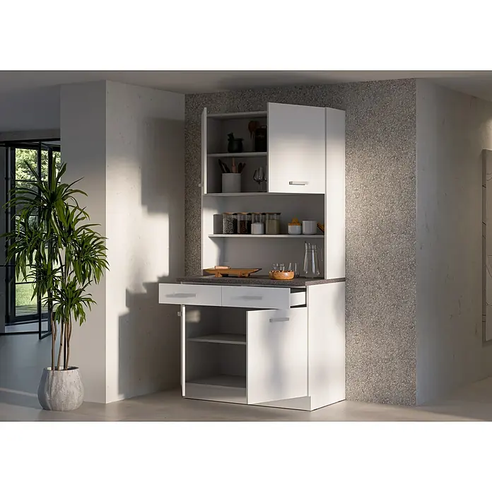 Stolarz-Lempert Buffetschrank Maria - Breite: 100 cm, Weiß - Dieses Bild zeigt einen weißen Küchenschrank mit Regalen, Schubladen und Türen, der viel Stauraum bietet und eine elegante Ergänzung für jede Küche darstellt.