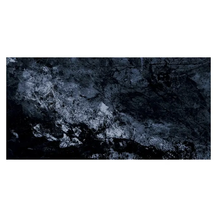 Feinsteinzeugfliese Oceanic - 29,7 x 59,7 cm, Blau, Glänzend - Dunkelgraue Marmorstruktur mit unregelmäßigen Flecken und feinen Rissen, ideal für Hintergründe oder Texturen.
