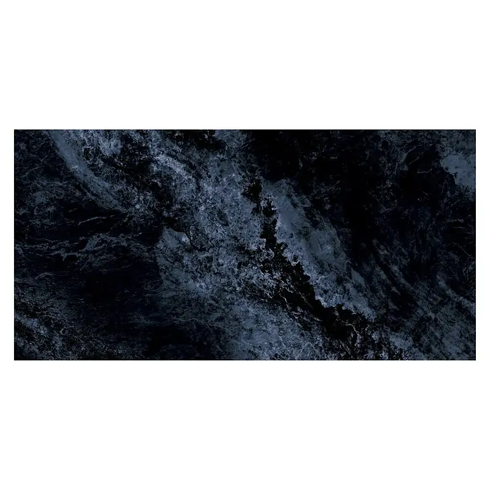Feinsteinzeugfliese Oceanic - 60 x 120 cm, Blau, Glänzend - Abstraktes Marmormuster in dunklen Blautönen, ideal für stilvolle Hintergründe und Oberflächengestaltung.