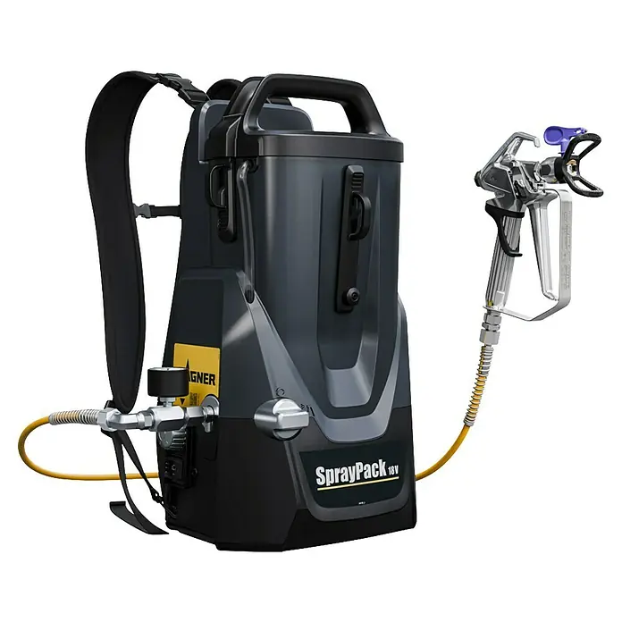 Akku-Farbsprühsystem - 18 V, 1 Akku, 4 Ah, Max. Fördermenge: 0,9 l/min - Der Wagner SprayPack 18V Farbspritzsystem für flexible und kabellose Lackierarbeiten, ideal für Handwerker und Heimwerker.