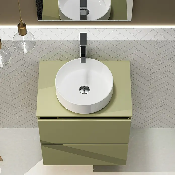 Artysan Conjunto de mueble de baño Harmony Top - Ancho: 60 cm, Verde cactus, 3 pzs. - Mueble de baño con lavabo sobre encimera redondo y dos cajones verdes. Diseño de baño moderno con iluminación indirecta.