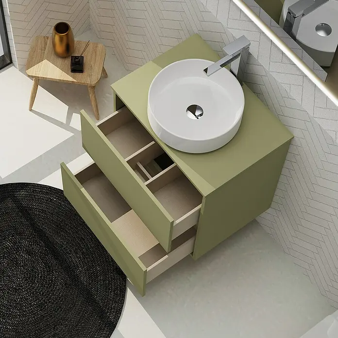 Artysan Conjunto de mueble de baño Harmony Top - Ancho: 60 cm, Verde cactus, 3 pzs. - Elegante mueble de baño en verde con cajones abiertos y lavabo sobre encimera. Perfecto para baños modernos.