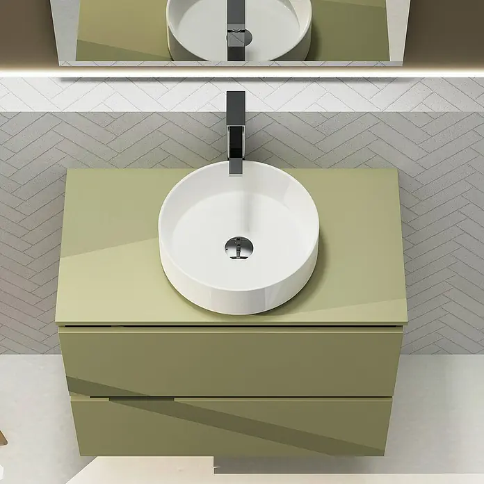 Artysan Conjunto de mueble de baño Harmony Top - Ancho: 80 cm, Verde cactus, 3 pzs. - Moderno mueble de baño verde oliva con lavabo sobre encimera y grifo cromado para un diseño elegante de baño.