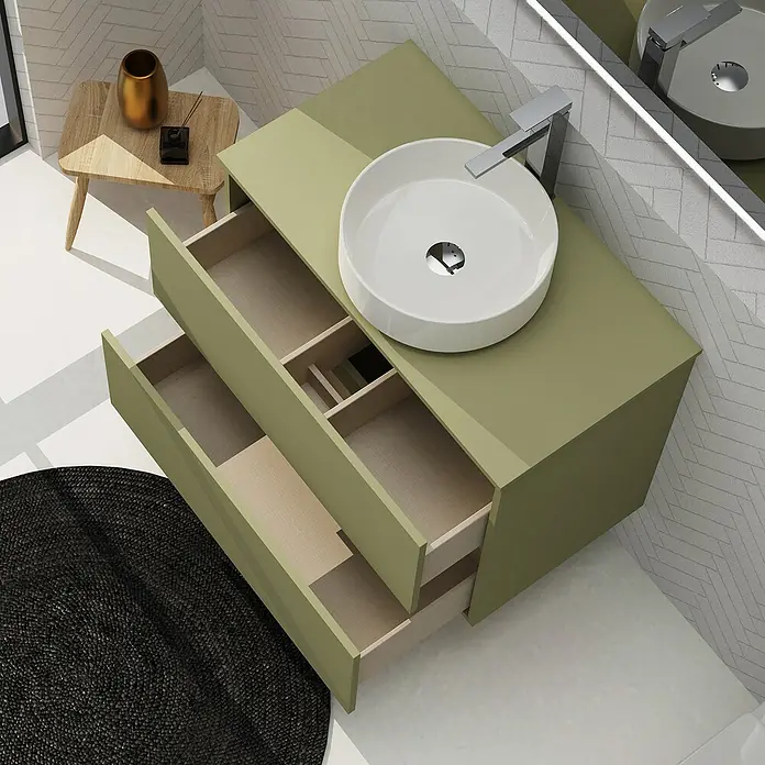 Artysan Conjunto de mueble de baño Harmony Top - Ancho: 80 cm, Verde cactus, 3 pzs. - Baño moderno con mueble de lavabo verde y lavabo sobre encimera redondo. Los cajones abiertos ofrecen espacio de almacenamiento.