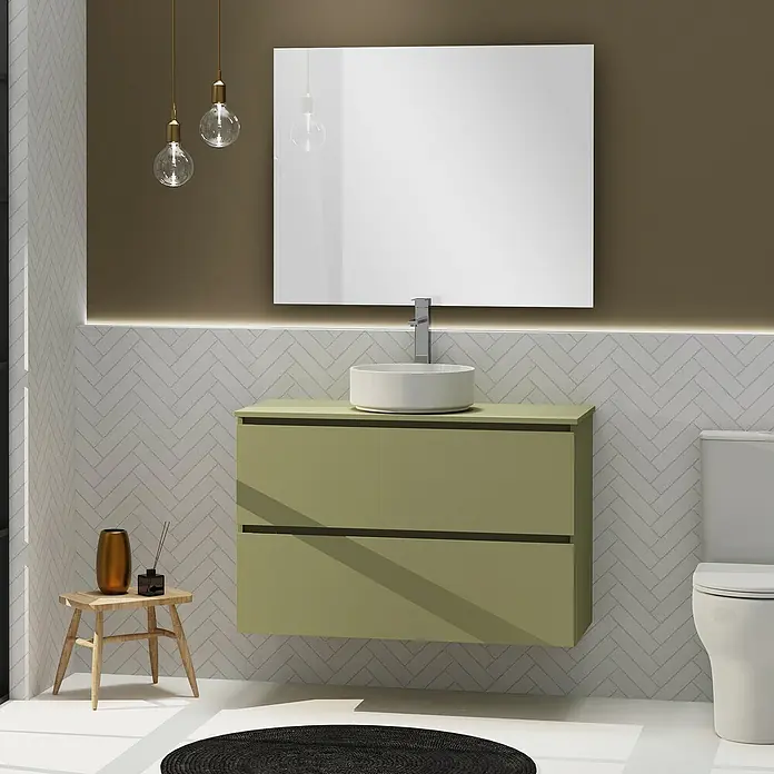 Artysan Conjunto de mueble de baño Harmony Top - Ancho: 100 cm, Verde cactus, 3 pzs. - Interior de baño con mueble de lavabo verde moderno, lavabo sobre encimera blanco y espejo grande.